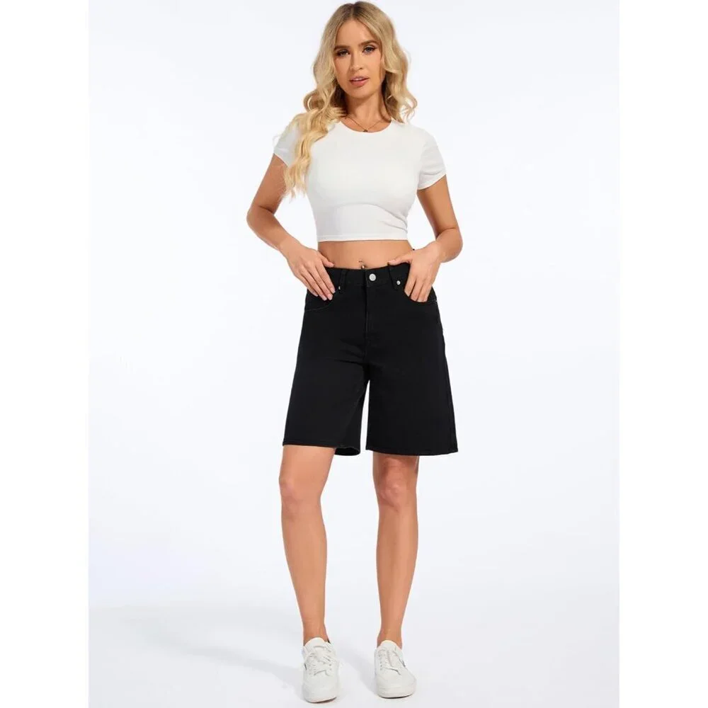 Women Baggy Jean Shorts Denim Bermuda Mid-Low Rise Casual Wide Leg